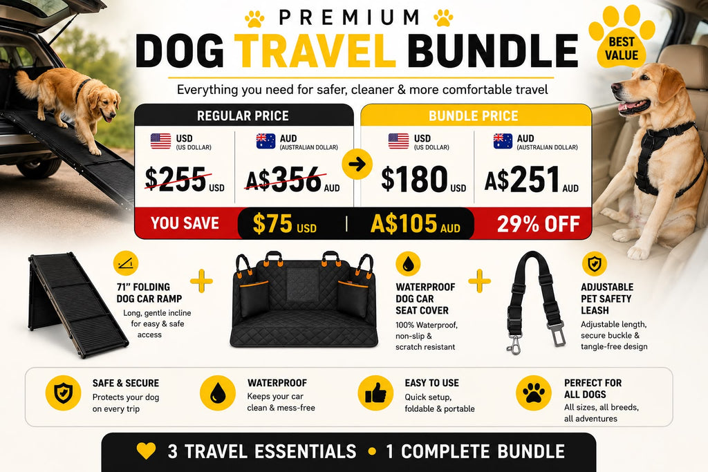 Premium Dog Travel Bundle — 71" Ramp, Seat Belts & Waterproof Cover