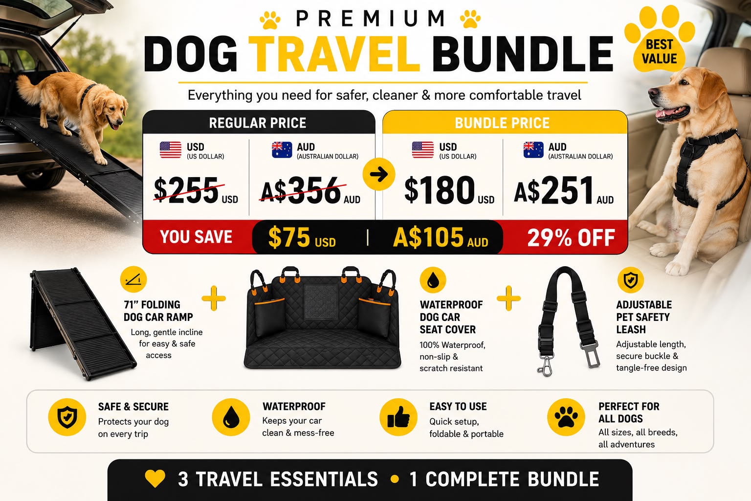 Premium Dog Travel Bundle — 71" Ramp, Seat Belts & Waterproof Cover