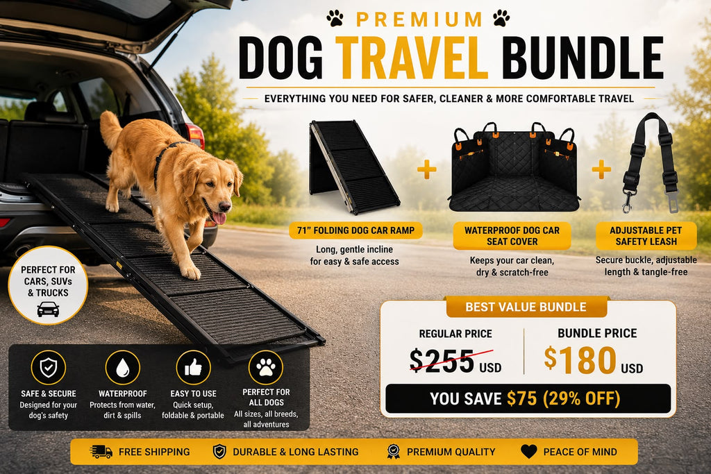 Premium Dog Travel Bundle — 71" Ramp, Seat Belts & Waterproof Cover